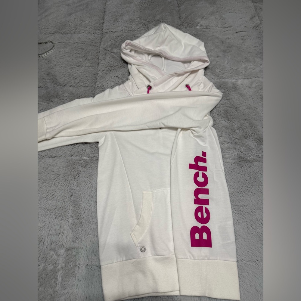 Brand new white bench light hoodie with pink accents